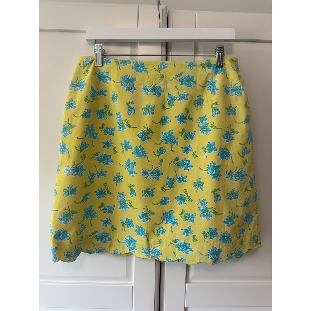 Lilly Pulitzer Womens Yellow Blue Floral Scalloped Hem Cotton Mini Skirt Size 12